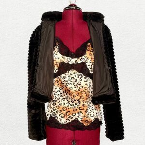 100% Silk NWOT Y2K Leopard Print Black Lace Spenser Jeremy Babydoll Cami Small